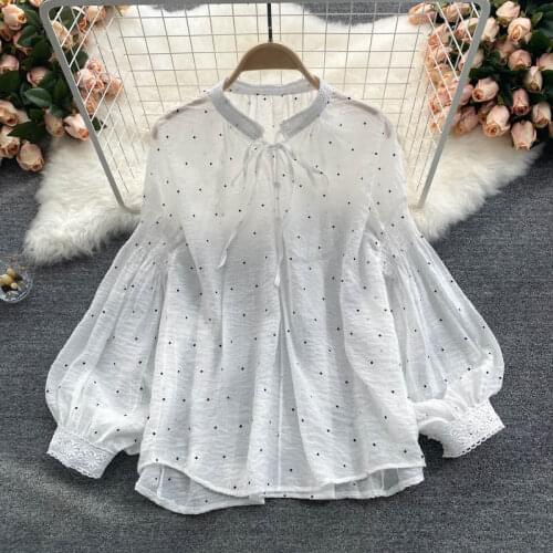 Korean Dot Chiffon Shirt Womens Summer Thin Style Puff Sleeve Sunscreen Shirts Lady Long Sleeve Blouse Womens Wild aq1058