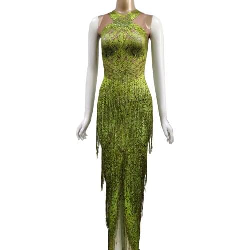 Sleeveless Green Rhinestones Fringe Long Split Dress Women Evening Prom Party Tassel Outfit Nightclub Stage Singer Dance Costume