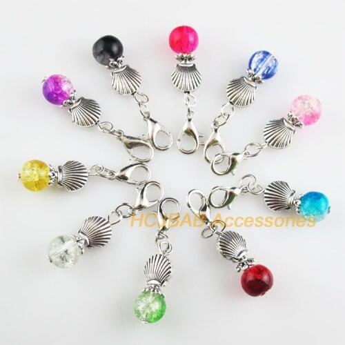 10 New Shell 9x22mm Charms Mixed Shivering Glass Tibetan Silver Plated Retro With Lobster Claw Clasps