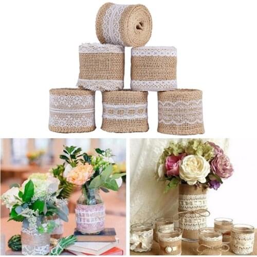 2m Jute Burlap Rolls Hessian Ribbon With Lace Vintage Rustic Wedding Decoration Ornament Burlap Wedding Favor