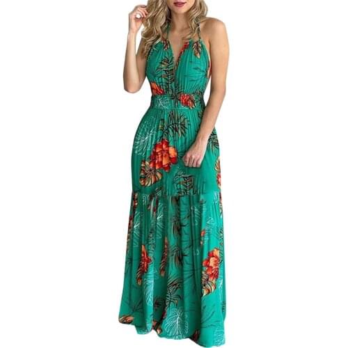 2021 Tropical Printed Bodycon Casual Dress Women Y2K Halter Neck Summer Yellow Sleeveless Long Backless Party Sexy Dresses Beach