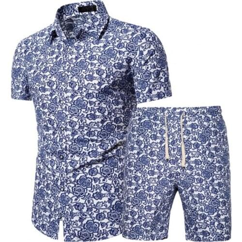 80% Hot Sales!! Men Outfit Floral Print Drawstring Summer Turn Down Collar Shirt Shorts Set for Beach