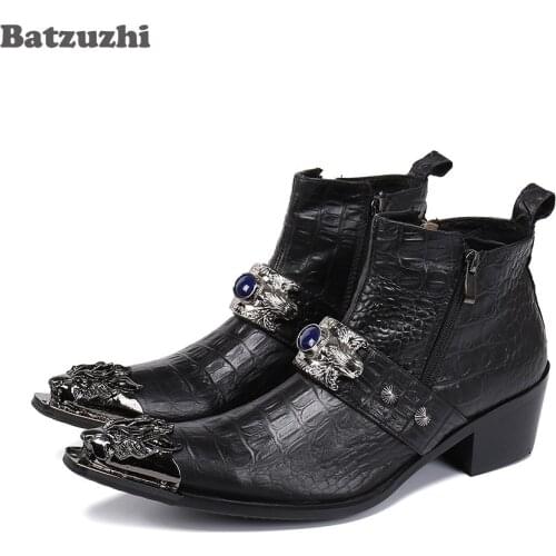 Batzuzhi Western Handmade Mens Boots Shoes Pointed Metal Toe Black Leather Boots Men Business/Motorcycle/Biking Botas Hombre