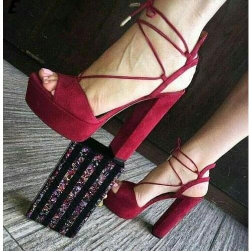 Burgundy Suede Chunky Heels Peep Toe Cross Lace Up Sandals Fashion Cut Out Platform Block Heeled High Heel Sexy Party Sandals