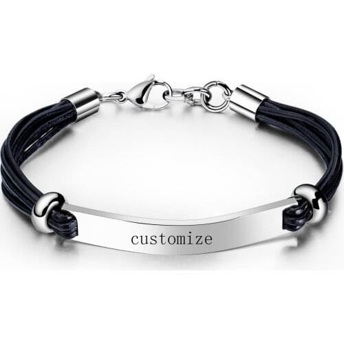 Personalized Engraving Mens Leather Bracelet Type 2 Diabetes Stainless Steel Curved Brand Medical Mark Bracelets Mens Gift