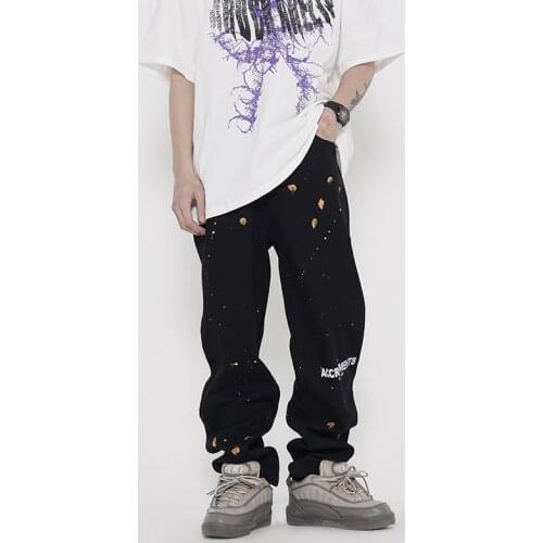 Harajuku Painted Letter Streetwear Retro Mens Jeans Straight Spring Loose Casual Denim Trousers Oversize Hip Hop Baggy Pants
