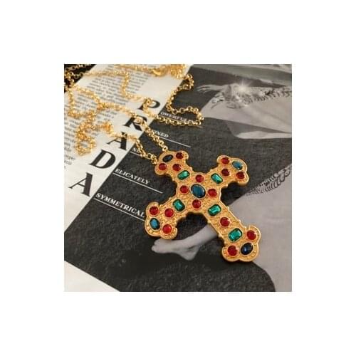 Long Necklace with Gemstone Cross Pendant in Middle Cuban Rock