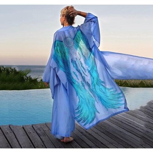 Lucky Angle Wing Pattern Long Coats Summer Sheer Light Dream Art Kimono Beach CoverUp Exagerate Floor Length Trench Airy Duster
