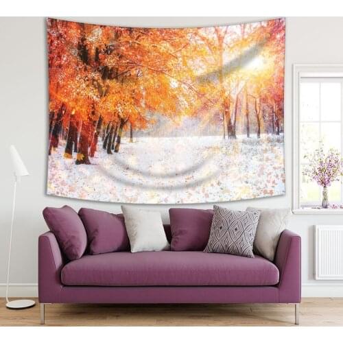 Tapestry First Snow Forest in Sun Shining Through Red Leaves Autumn Trees Winter Park Scenery Picture
