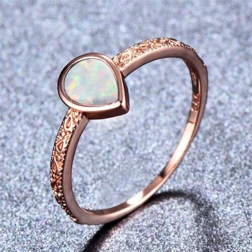 JUNXIN Simple Female Fire Opal Water Drop Ring Fashion 18KT Rose Gold Filled Jewelry Vintage Wedding Finger Rings For Women