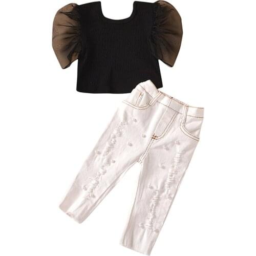 Menoea Baby Girls Set Suit Clothes 2021 Summer Autumn Children Toddler Kids Puff Sleeve Solid Color Ripped Jeans Set Outfits