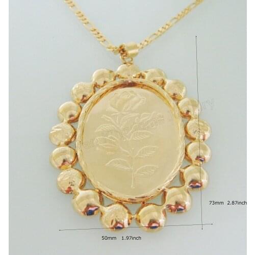 Min ORDER 10$ CUTE - YELLOW GOLD OVERLAY 24" FIGARO NECKLACE & BIG PLAIN SURFACE WITH FLOWER PATTERN PENDANT HANGS 2.87"