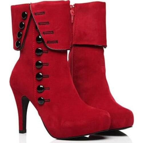 Fashion Women Ankle Boots High Heels Fashion Red Shoes Woman Platform Flock Buckle Boots Ladies Shoes Female
