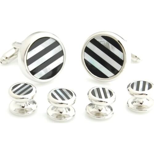 YHCS-19 Classic Black and White Stripe Stone Round Cufflinks and Tuxedo Studs Set for Mens Gift