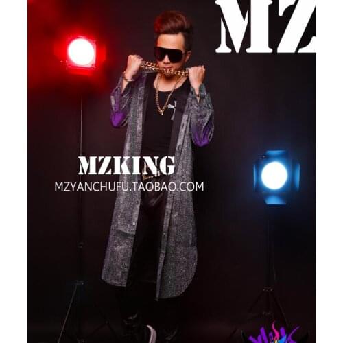 New mens shirt DJ trend Korean green purple gradient flash long shirt bar nightclub male singer costume