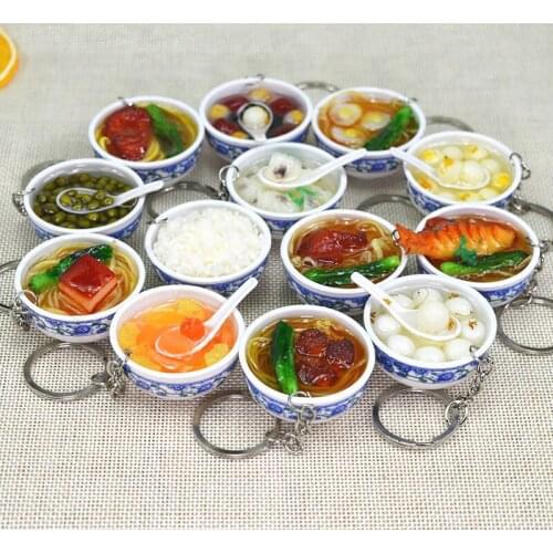 New Simulation Food Key Chains Noodles Creative Bowl Keychain Chinese Blue and white Porcelain Food Bowl Mini Bag Pendant