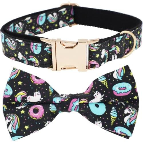 Black Horse Dog Collar and Leash Set With Bow Tie For Big and Small Dog Cotton Fabric Collar Metal Buckle