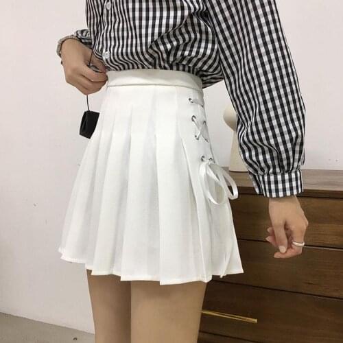 EasyGarment Pleated Skirt Side Strap Lace Up Womens Spring Summer 2021 New Skirt Korean Style Preppy Style A-Line Skirt