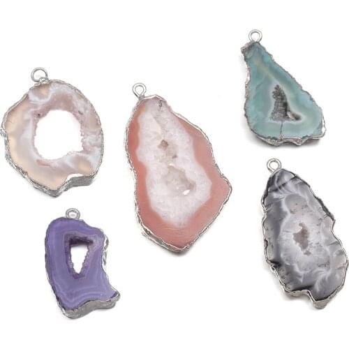 Natural Agates Stone Pendants Irregular Colorful Geode Agates Stone Charms Silvery Edge for Jewelry Making Necklace Bracelet