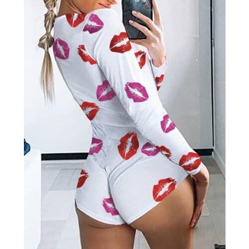 Casual Women Sexy Romper Bodycon Jumpsuit Long Sleeve Shorts Printed Home Wear Tracksuit Playsuit Pajama