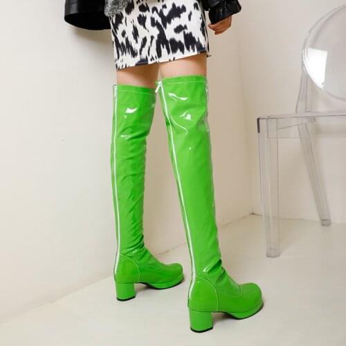 Spring 2020 sexy medium heel thick heel Patent Leather Slim Fit round head elastic over the knee boots high boots big size