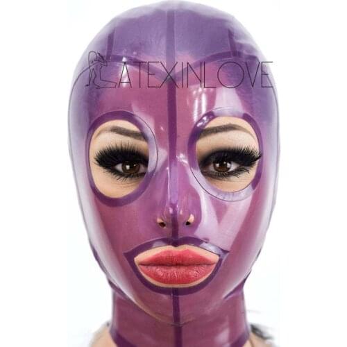Transparent Purple Latex Fetish Hood Mask Open Round Eyes Mouth with Back Zip