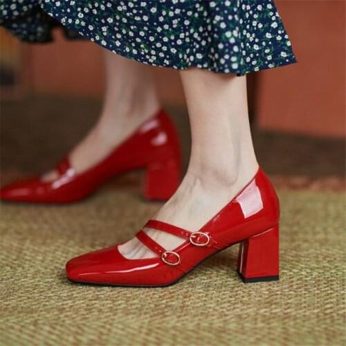 PXELENA Mature Patent Leather Buckle Strap Shallow Dress Party Office Lady Pumps Square Toe Block High Heels Shoes Plus Size 45