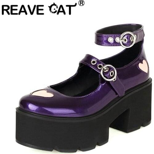REAVE CAT New 2021 Ladies Pumps Round Toe 7.5cm Thick Bottom Patent Leather Buckle Punk Heart Vintage Big Size 43 Party A3556