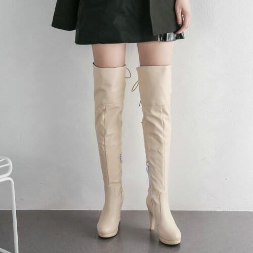 New Platform Ladies Thigh Boots Spring Autumn Fashion Slim Long Boots Winter Square High-Heel Zipper Cross Tied Womens Shoes