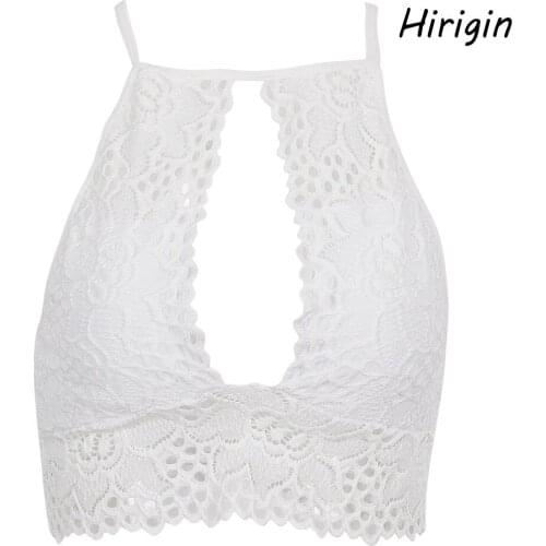 Sexy Women Lace Tanks Solid Bra Lace Floral Thin Embroidery Lace Strappy Bralette Halter Bustier Vest Crop Top Bra Lingerie 2020