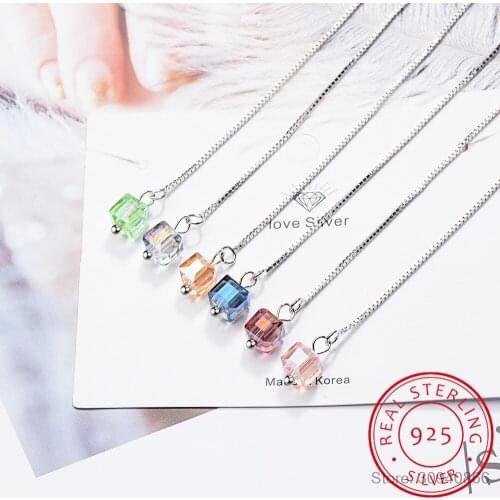 925 Sterling Silver Five Colors Zircon Crystal Cube Dangle Drop Earrings Short Tassel Chain For Women Wedding FINE Jewelry