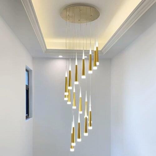 LED Chandelier Gold/Black/White/Coffe/Silver Staircase Long Pendant Lamp Duplex Building Villa Attic Adjustable Hanging Light