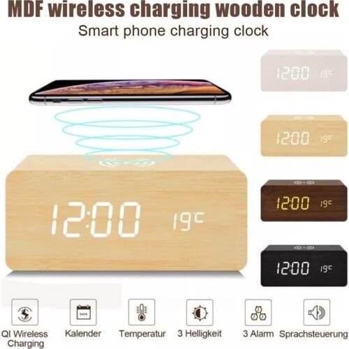 LED Alarm Clock Digital Wooden Desk Clock With Date Display Of the Induction Charger Wireless Charging Pad For Iphone