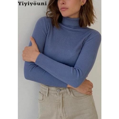 Yiyiyouni Casual Slim fit Knitted Turtleneck Sweater Women Autumn Winter Ribbed Basic Pullovers Women Soft Long Sleeve Jumper