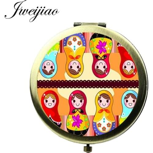JWEIJIAO Vintage Bronze Matryoshka Glass Cabochon Pocket Mirror Russian Doll Girls Beauty Tools Round Compact Makeup mirrors