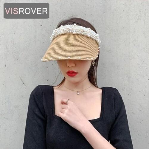 VISROVER 6 color Summer Women Empty Top Sun Hat Cap Pearls Beach Big Visor Hat Fashion Holiday Sunscreen Bonnet Hats Gift