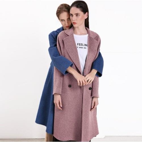 Long woolen blends cashmere coats for women 2019 autumn winter ladies jackets plus size overcoat double sided navy purple