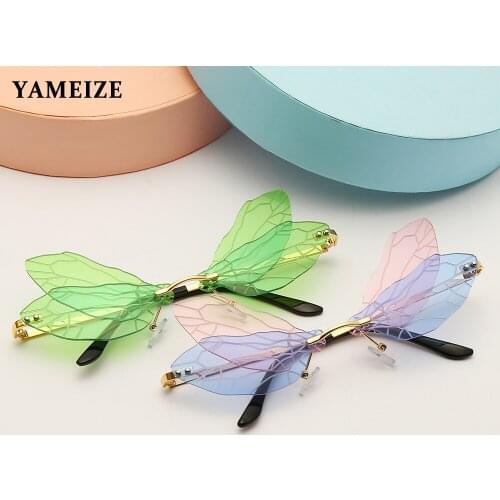 YAMEIZE Fashion Rimless Sunglasses Women Dragonfly Wing Vintage Clear Ocean Lens Eyewear Steampunk Sun Glasses Shades UV400