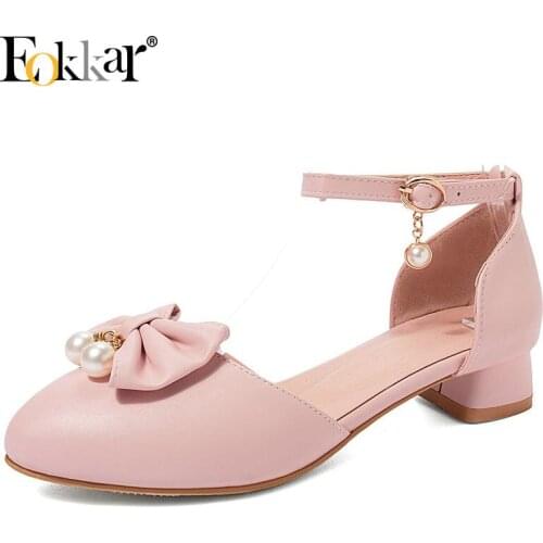 Eokkar 2020 Women Lolita Pumps Ankle Strap Dorsay Pumps Low Square Heel Women Shoes Roackabilly Pumps with Bow Tie Size 34-45