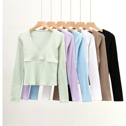 Womens fall fashion 2020 long sleeve ribbed top sexy v neck women crop top t shirt casual purple elegant slim t shirt korean