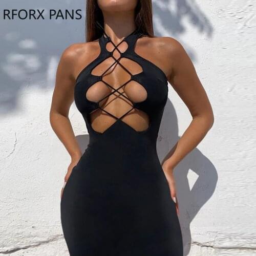 Women Dress Solid Plain Halter Lace Up Sleeveless Bodycon Dress Sexy Party Dress