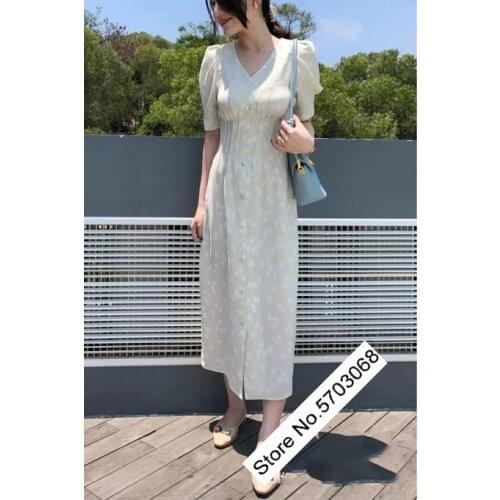 [ElfStyle] Women V Neckline Short Sleeve Floral Printing Midi Length Dress With Gathering Waist & Back With Lace-up