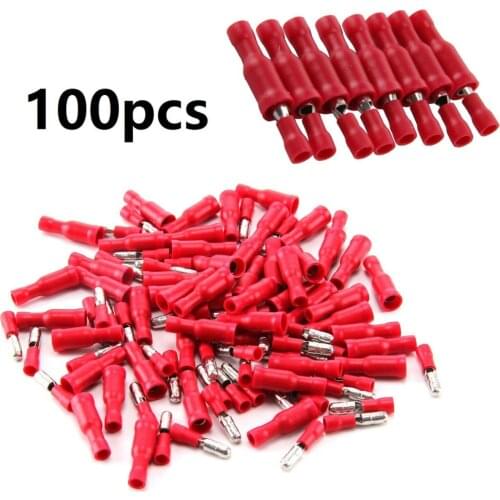100pcs Red Male Female Bullet Insulated Connector Crimp Terminals Wiring Cable Plug For Wire Size 0.4mm To 1mm / 22-16 AWG Cable