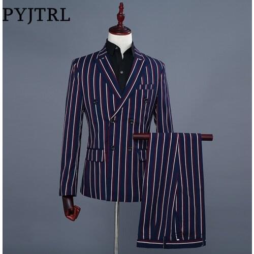 PYJTRL Brand Mens Fashion Blue Stripe Blazer Pants Two Piece Groomsmen Wedding Suit Mens Suits Latest Coat Pant Designs