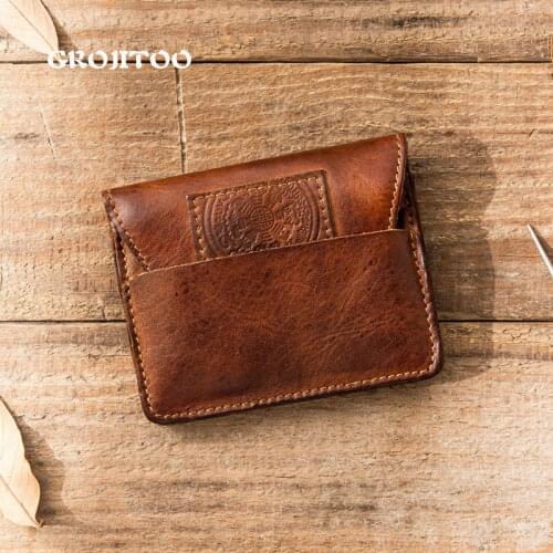 GROJITOO Vegetable tanned leather wallet Nostalgic style Change Bag for women And men Card Wallet For Women Coin Bag