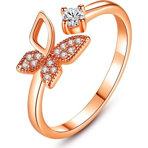 Simple Style Zirconia Butterfly Female Resizable Rings Rose Gold Color Finger Rings Fashion Party Jewelry Gift for Women