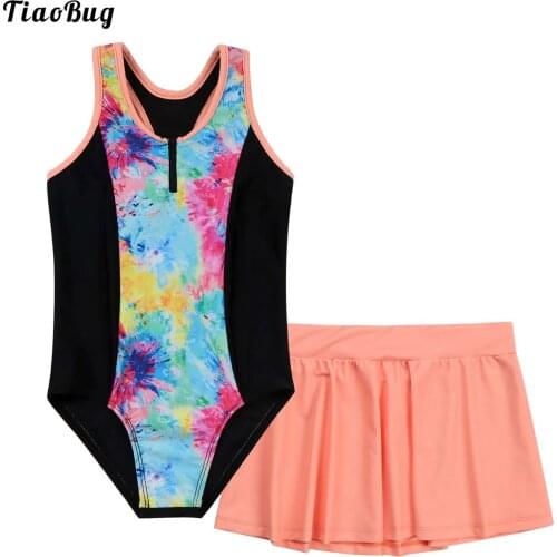 TiaoBug Summer 2Pcs Kids Girls Floral Print Swimming Suit O-Neck Sleeveless Racer Back Keyhole Back Swimming Jumpsuit And Skirt