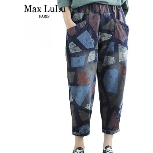 Max LuLu 2020 Autumn New Korean Womens Printed Denim Trousers Ladies Vintage Elastic Jeans Female Casual Harem Pants Plus Size