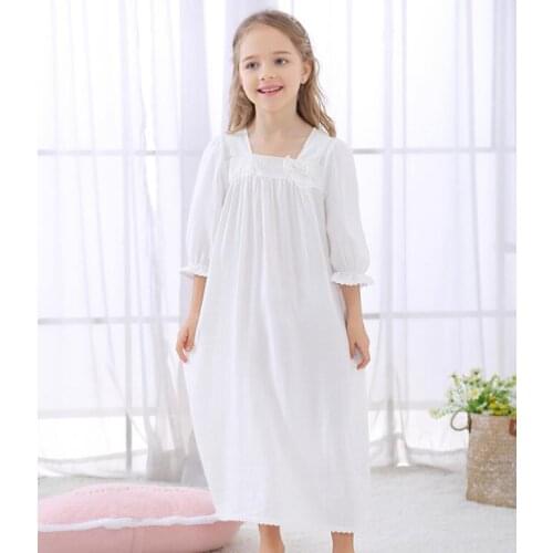 Kids Girls Pajama Dress Lace Bow Princess Baby Girls Nightgown Cotton Night Dress Long Sleeve White Girls Home Clothes Wear12T
