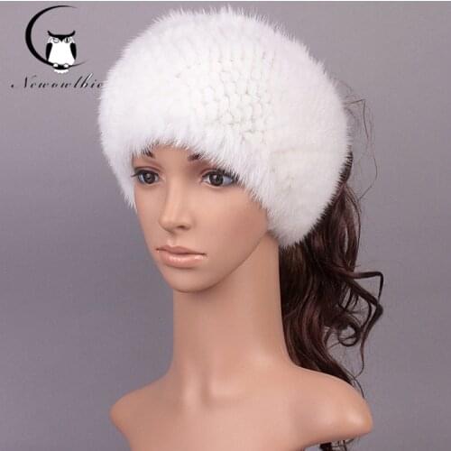 Plaid New arrival 2 Use Cap Knitted Scarf & Winter Hats for Women Real Mink Fur Winter Hat Knitted Warm Natural Mink Fur Scarves